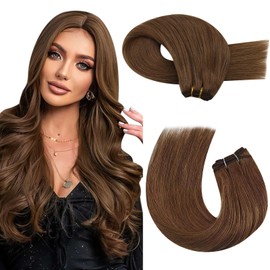 Moresoo Hair Wefts, Real Hair, Sew-In Hair Extensions, 50 cm, Real Hair Wefts, Light Brown, Remy Hair Bundles, Invisible Hair Extensions, 100 g, Double Weft No. 8