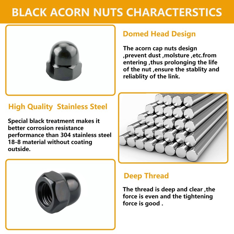 1/4-20" Black Acorn Nuts, Acorn Cap Nut Stainless Steel 18-8(304),