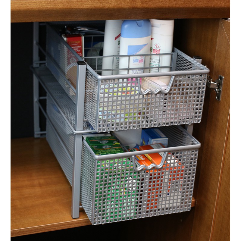 DecoBros Mesh Cabinet Basket Organizer with Split Card, Silver (Large