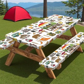 Picnic Table Cover with Bench Covers Camper RV Camping Essentials Waterproof Windproof Camping Tablecloth with Drawstring Bag, Fitted Rectangle Tables and Seats White，72" x 30" inch