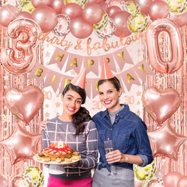 ZERODECO Rose Gold Birthday Party Decorations 30th, Happy Birthday Banner 30th Theme Banner Fringe Curtain 30 Garland Heart Star Foil Confetti Balloons for Women Girls Queen Princess Birthday Party