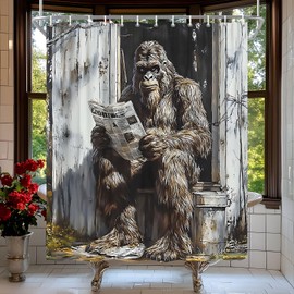 TQNNTQ Funny Gorilla Shower Curtain Farmhouse Rustic Hilarious Animal Read Newpaper Vintage Chimpanzee Man Retro Wooden Door Bath Curtain Fabric Bathroom Accessories Decor with Hooks 70W x70L