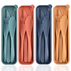 Juego de utensilios reutilizables con estuche, 4 juegos de cubiertos de paja de trigo, juego de cubiertos de viaje, cuchara portátil, cuchillo, tenedo