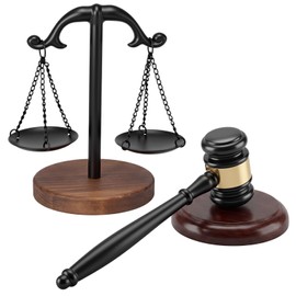 Vintage Metal Justice Represent Libra, Wooden Gavel with Sound Block Set, Lawyer Scale of Justice for Decorations, Law Schools, Moot Courts, and Law Firms