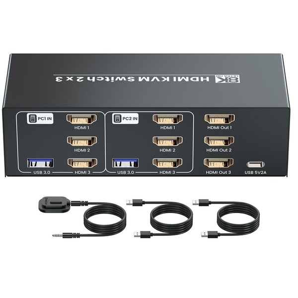 8K/60Hz USB 3.0 Three Monitor HDMI KVM Switch, 4K120Hz HDMI