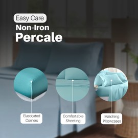Deep Fitted Bed Sheets Easy-Care Non-Iron Percale 10'' / 25CM Fitted Sheet (Teal, Double)
