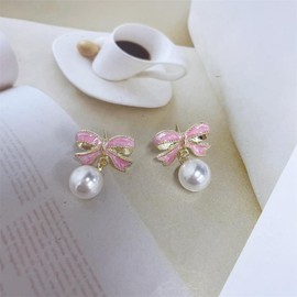 Hypoallergenic Pink Bow Pearl Christmas Stud Earrings for Women Teen Girls Senstive Ear Dainty Cute 925 Sterling Silver Post Enamel BowKnot Studs Fashion Jewelry Festival Party Gift Daughter Her,