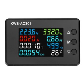 DROK AC 8-in-1 LCD Monitoring Meter 50-300V 20A Voltage Current Power Factor Frequency Power Energy Clock Temperature Monitor Ammeter Voltmeter Multimeter Tester 110V220V Digital Color LCD Voltage