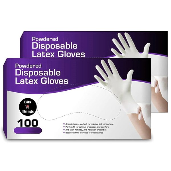 Bits N Things Latex Disposable Gloves, Comfortable, Powdered, 100 per