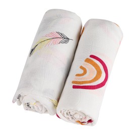 KAKU NANU Muslin Blanket Swaddle Soft Lightweight Organic Cotton 2 Pack 110x120cm Dual Layer Large Muslin Cloths for Baby Receiving Blankets Baby Muslin Cloth Colour Feather and Rainbow Baby Wrap