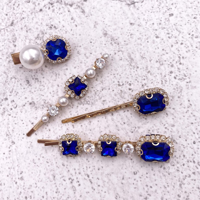 4 piezas clásico zafiro azul perla oro Bobby Pin decorativo