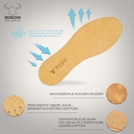 BISON Leather Shoe Insoles Shoes 3 Pairs - Insoles for Sweaty Feet and Foot Pain - Leather Shoe Insoles - Genuine Leather Insole for Men and Women, 3 Pairs Cork