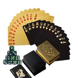 Playing Cards 2 pack Waterproof Playing Cards UK Set with 6 Coloured Dice |Fade-Resistant Poker Cards in Gold & Black | Includes Robust PP Storage Box for Pub Nights, Travel & Tabletop Games-g