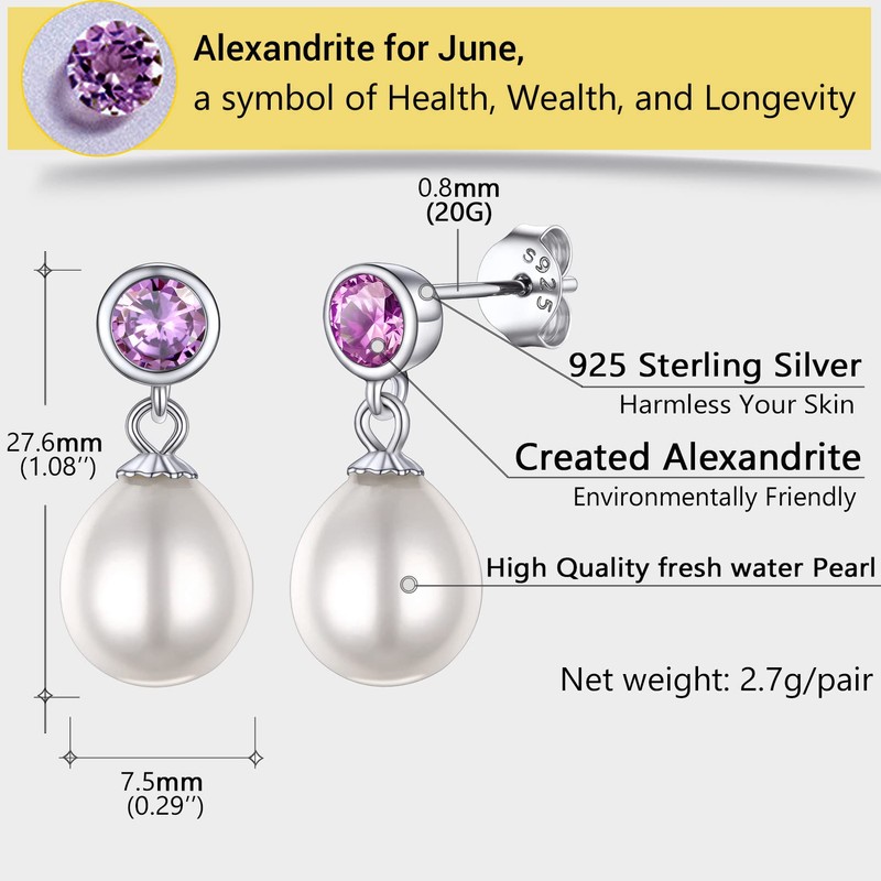 Prosilver S925 Sterling Silver Stud Earrings for Women Girls Pearl