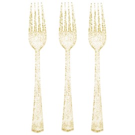50 Pcs Gold Glitter Plastic Forks Gold Plastic Silverware Heavy Duty Cutlery Set Disposable Flatware Dinnerware for Brithday, Wedding, Baby Shower, Family Gathering