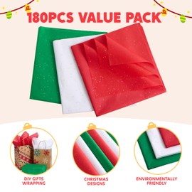 JOYIN 180 Sheets Glitter Tissue Paper, Red Green White Tissue Paper for Gift Wrapping Supplies, 20''x20 Christmas Wrapping Paper for Holiday Wrap Craft Decorations