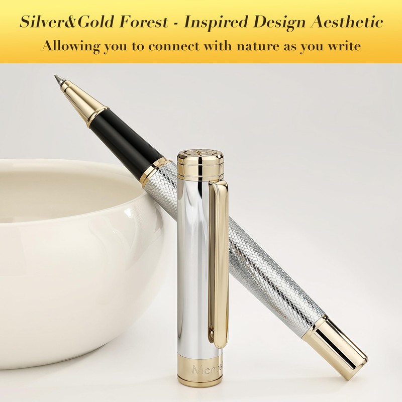MCNTEIK Silver Chrome Rollerball Pen, Stunning Luxury Pen with Mesh