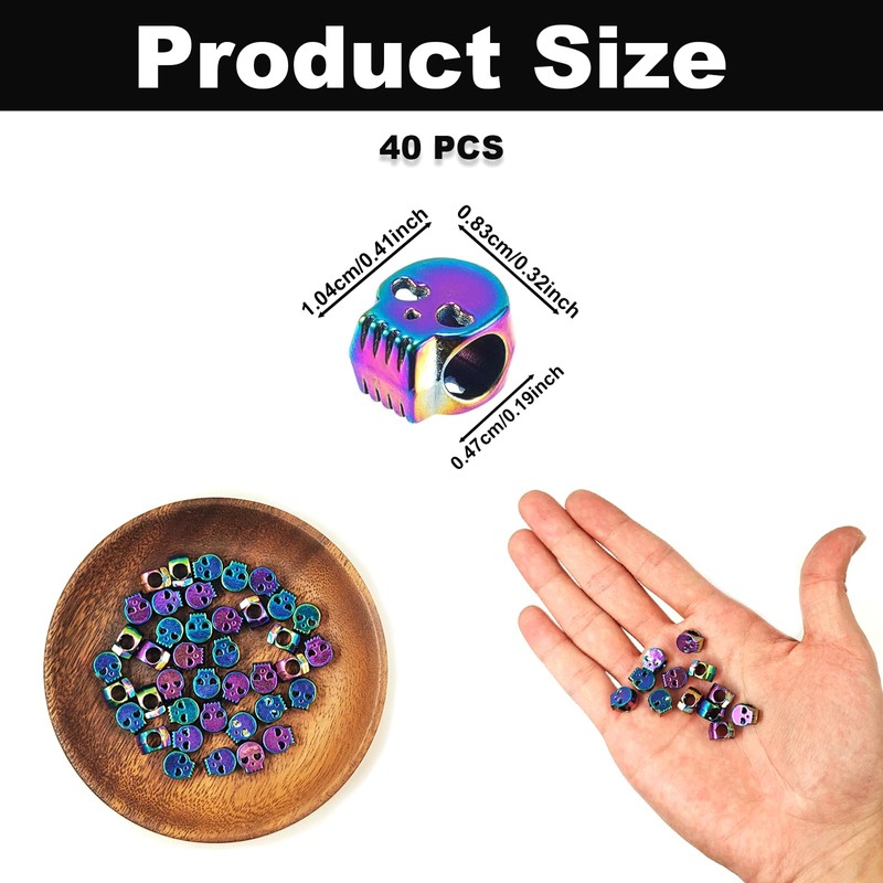 40PCS Rainbow Color Skull Spacer Beads, Alloy Skeleton Beads Bulk