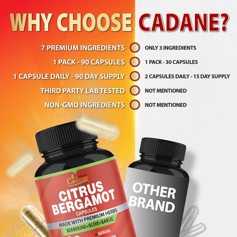 Organic Cadane Citrus Bergamot Supplement Extract Capsules, 90 Capsules &