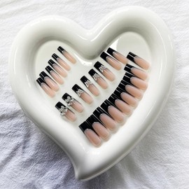 Long Coffin Press on Nails Square Fake Nails Black French Tip Acrylic Butterfly False Nails with Designs Crystal Rhinestone Stick on Nails Full Cover Glossy Glue on Nails for Women Manicure 24pcs…