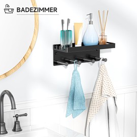 LOXSUN Wall Shelf No Drilling Bathroom Shelf, Shower Shelf No Drilling Shower Gel Holder, Floating Shelf for Gluing with 4 Hooks for Towels, Bath Bombs, Clothes, Comb and Keys (Black)