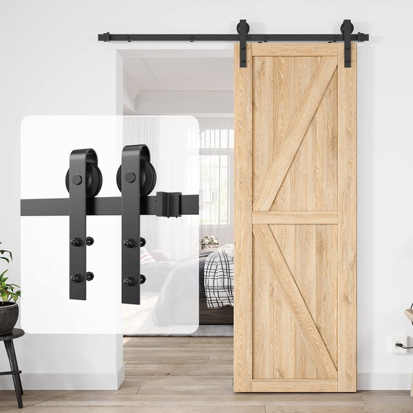 HomLxclx 5 Foot Heavy Duty Sturdy Sliding Barn Door Hardware Kit Single Door - Smoothly and Quietly - Simple and Easy to Install - Fit 1 3/8-1 3/4 inch Thickness Door Panel(Black)(J Shape Hangers)