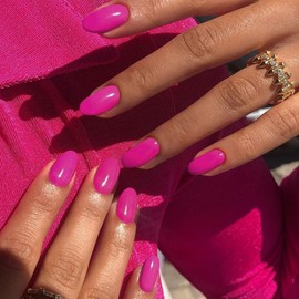 KQueenest Hot Pink Press On Nails Short Oval,Opaque Fake Nails Press Ons,Short Almond Nails Glue on,Natural Round Acrylic Nails,Fushcia Gel Stick On Nails Set For Tiny Average Wide Nail Beds