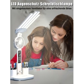 4-Head LED Desk Lamp with Fan, Dimmable Desk Light, Touch Control, Office Lamp with Clock, Pen Holder, LCD Calendar Temperature, 3 Colour Temperature Levels, Reading Lamp for Girls and Boys