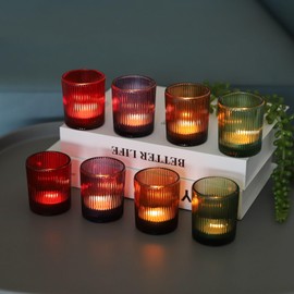 VOHO 24pcs Multicolor Tealight Candle Holder, Vintage Ribbed Tea Light Candle Holder Glass for Room Decor, 4 Color Votive Candle Holders for Table Centerpiece(Green/Red/Purple/Amber)