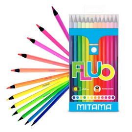 Mitama - Fluo Colouring Pencils - Pack of 12 Colouring Pencils - Fluo Lacquered Colouring Pencils - Large Line Width 3.3 mm Lead - Ideal for Drawing, Highlighting - School Colours - Colouring Pencils