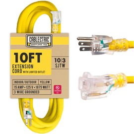 Cablectric 10 Ft Outdoor Extension Cord - 10/3 SJTW Heavy Duty Yellow 10 Gauge Lighted Electrical Cable with 3 Prong Grounded Plug