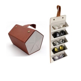 Naisfei Glasses Organiser, Travel Foldable Sunglasses Storage Organizer for Multiple Glasses Case 5 Slots PU Leather Hanging Foldable Men Women EyeGlass Storage Travel Case(Brown)