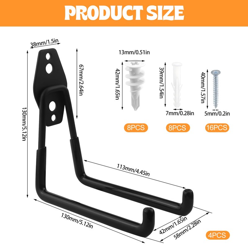 CHRI Pack of 4 Wall Hooks Garage Heavy Duty Garage