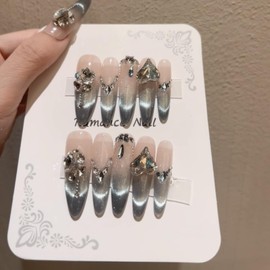 Long Lasting Press On Nails - Strong Fake Nails That Stay Put | Waterproof & Durable | Makes Short Nails Look Amazing | 10PCS Nails (Silver-S, Long)