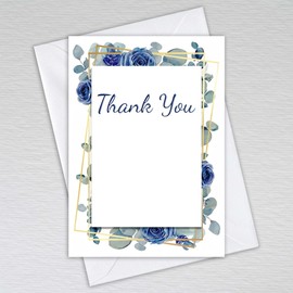 Webspectations Pack of Thank You Cards with Envelopes: Navy Rose with Dusty Blue Eucalyptus Wedding Thank You Cards (Pack of 50 with Envelopes)