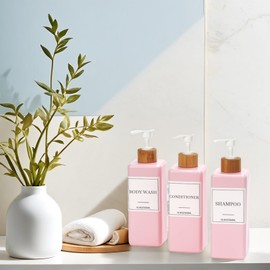 Shampoo and Conditioner Dispenser Set, Refillable Shampoo and Conditioner Bottles Body Wash Dispenser with Waterproof Labels, 3PCS 16.9oz Soap Dispenser Bathroom Pink White Empty Pump Bottle