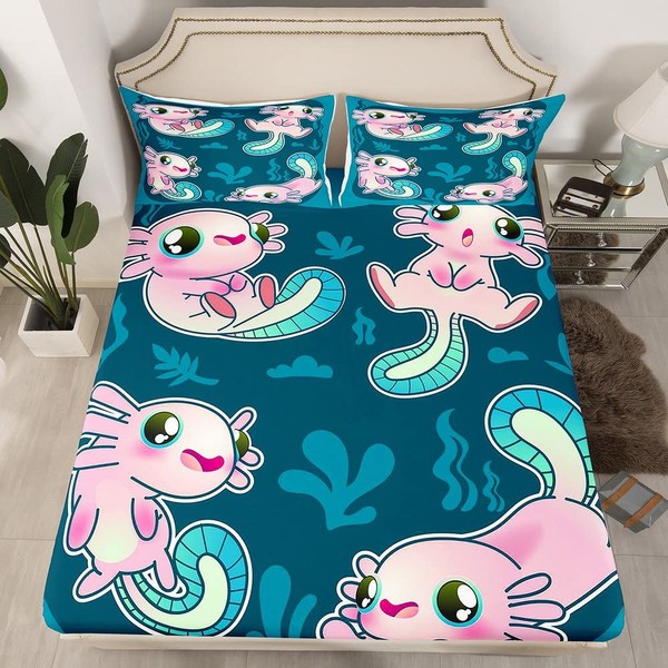 Kawaii Axolotl Bed Sheet Set Cartoon Axolotl Bedding Sheet 3D Animals Fitted Sheet for Boys Girls Children Teens Salamander Comforter Cover Single Size