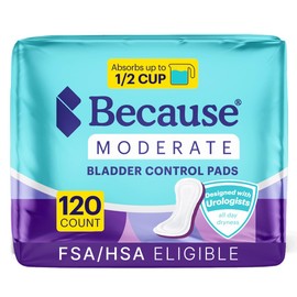 Because Incontinence Pads for Women – Moderate Absorbency for Light Daily Leaks, Slim & Comfortable Liners, Individually Wrapped, 120 Count, New Version
