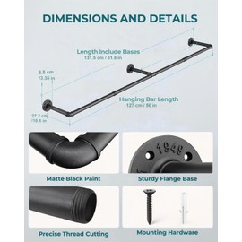 RSFMAS Wall Mounted Clothes Rack, Industrial Pipe Clothing Hanger 50 Inch Black, Heavy Duty Wall Mount Closet Rod for Bedroom, Entryway, Laundry Drying Rack, Retail Display Clothes Rod