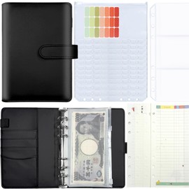 SYOUGO Money Management Pouch, Money Storage File, 12 Zipper Cash Envelopes, 3 Card Storage Files, PU, A6, 6 Holes, Money Binder, Cash Management, Goods, Organizer, Memo Book, Black