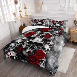 AILONEN Skull Red Rose Bedding Set Queen Size, Smoke Fog Luxurious Horror Comforter Set Bedroom Decor Men,Skeleton Bones Blossoms Quilt Set,3 Pieces,1 Quilt and 2 Pillowcases,Soft Microfibre