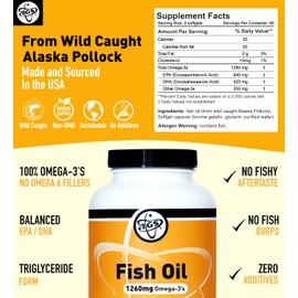 TGS Nutrition TGS Triple Strength Omega 3 Fish Oil Supplement - 1260mg EPA DHA for Men & Women - Burpless, Pure Omega 3 Fatty Acids from Wild Alaska Pollock in Triglyceride Form - 180 Capsules, 90 Servings