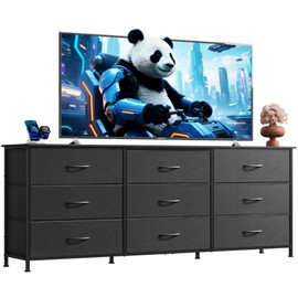 WLIVE 63''W Dresser for Bedroom, Black Dresser TV Stand for 65, 70, 75 inch TV, Wide Chest of Drawers with 9 Drawer, Large Entertainment Center, Fabric Dressers with Wood Top for Closet, Living Room