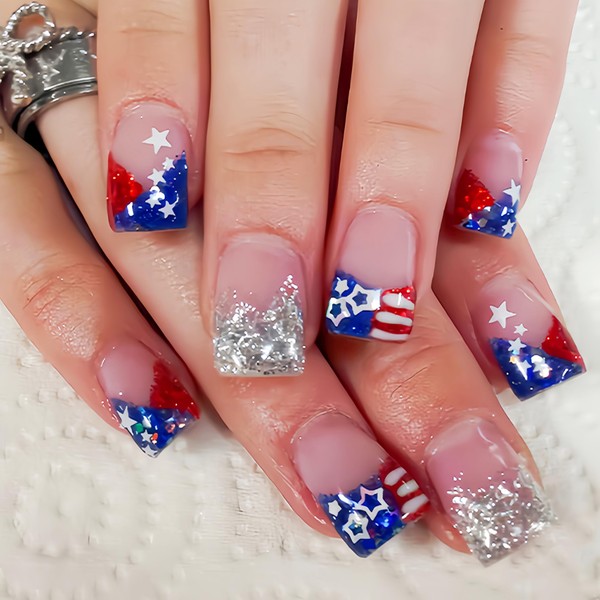 4th of July Press on Nails Short Square French Tip