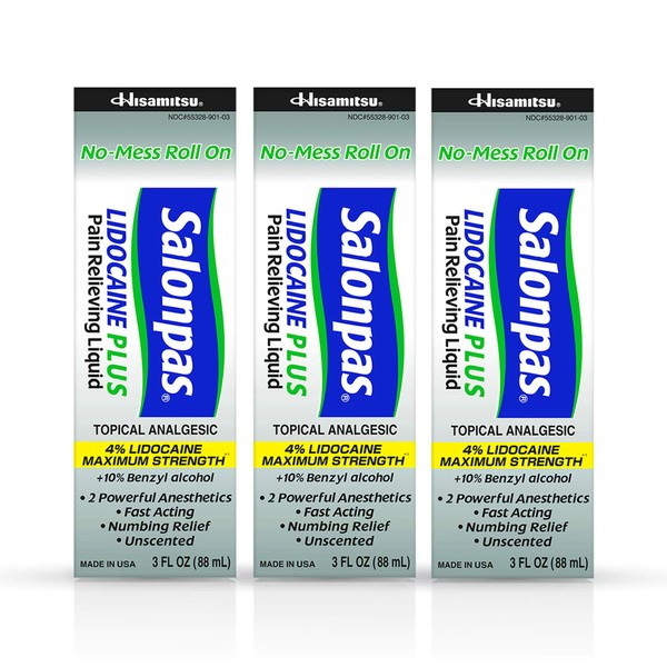 Salonpas LIDOCAINE PLUS 3 oz ROLL ON Pain Relieving Liquid! Maximum Strength 4% Lidocaine for Numbing Pain Relief! MESS FREE Application! (3 PACK)