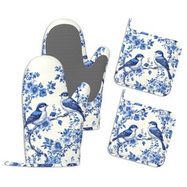 Heat Resistant Pot Holders and Oven Mitts,Retro Birds Extra Long Kitchen Oven Mitt Set,Blue Flowers Cotton Lining Anti-Slip Waterproof Kitchen Mittens Hot Pan Holder for Baking Cooking Grilling