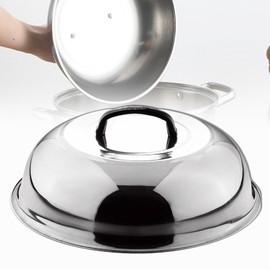 Multifunctional Round Stainless Steel Wok Lid with Handle, Teppanyaki Lid for Roasting, Steaming, Outdoor Grilling (34cm)