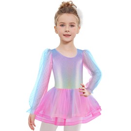 Arshiner Girls' Ballet Tutu Dress Kids Cotton Gymnastics Dance Ballet Leotard with 3-Layers Tiered Skirt Long Sleeve Ballerina Outfit Rainbow 5–6 Years