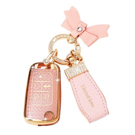 Simocky Fit for GMC Buick Key Fob Cover with Diamond Keychain, Compatible with Chevy Cruze Camaro Malibu Equinox Impala Buick Encore Regal GMC Flip Folding Key for Women (5 Buttons—Pink Bowknot)
