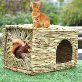 Rabbit Grass House - Natural Hand Woven SeagrassFolding Play Hay Bed Hideaway Hut Toy for Bunny Hamster Guinea Pig Chinchilla Bed Hut withHamster Nest
